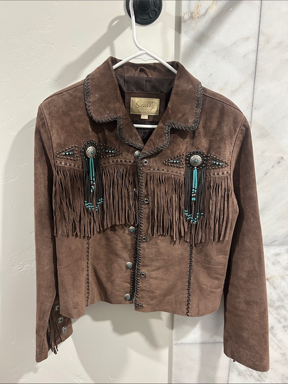 Scully Brown Suede Fringe Jacket with Turquoise Bead Accents